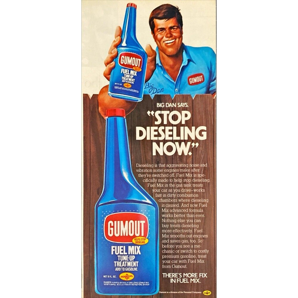 Gumout Fuel Mix Tune-up Treatment "Stop Dieseling Now" Vintage Print Ad 1983